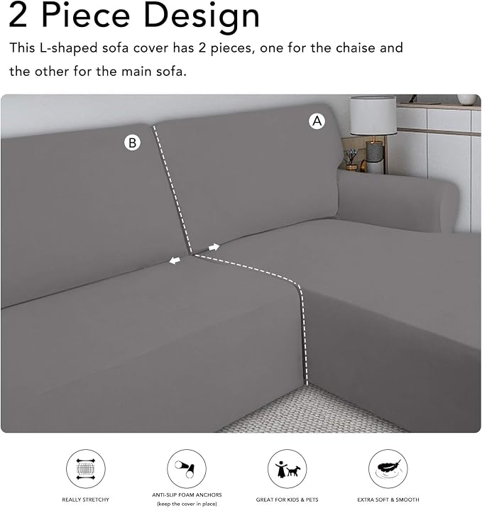 PureFit Super Stretch Sectional Couch Covers - 2 pcs Non Slip Sofa Covers with Elastic Bottom for L Shape Sectional Sofa Couch, Great for Kids & Pets (3 Seat Sofa + 3 Seat Chaise, Light Gray)