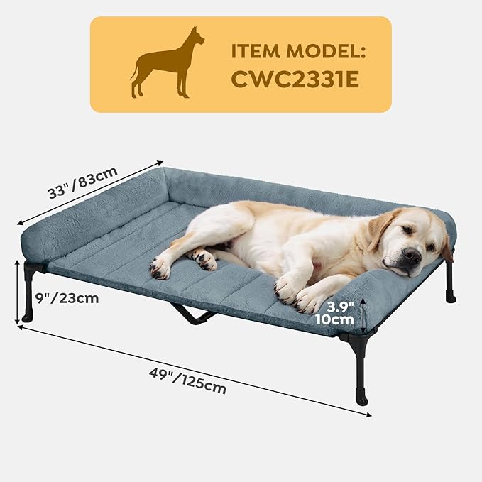 Veehoo Orthopedic Elevated Dog Bed with Fluffy Plush Bolster Cushion, Indoor Raised Dog Beds for Large Dogs, Soft Pet Sofa Cot with Removable Washable Mat, No-Slip Feet, 49 x 33 inches, Haze Blue