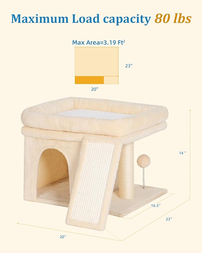 Aechonow Small Cat Tree Tower for Large Cat, Cat Bed House with Large Perch for Adult Cats, 20x16.5 Inch Big Platform for Indoor with Super Cozy Soft Mat, Large Cat Condo with Scratching Post, Beige