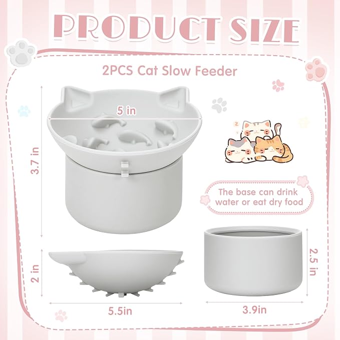 Funnymoom 2 Pack Silicone Cat Slow Feeder, Elevated Slow Feeder Cat Bowl for Dry and Wet Food, Tilted Design with Non Slip Base, Adjustable Angle for Pet(Gray and Pink)