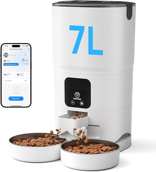 PAPIFEED Automatic Cat Feeder 2 Cats, 2.4G WiFi Cat Food Dispenser with App, 7L Timed Cat Feeder for Dry Food, 10 Meals/Day, 12 Portions/Meal, Smart Pet Feeder for Small Dog, White