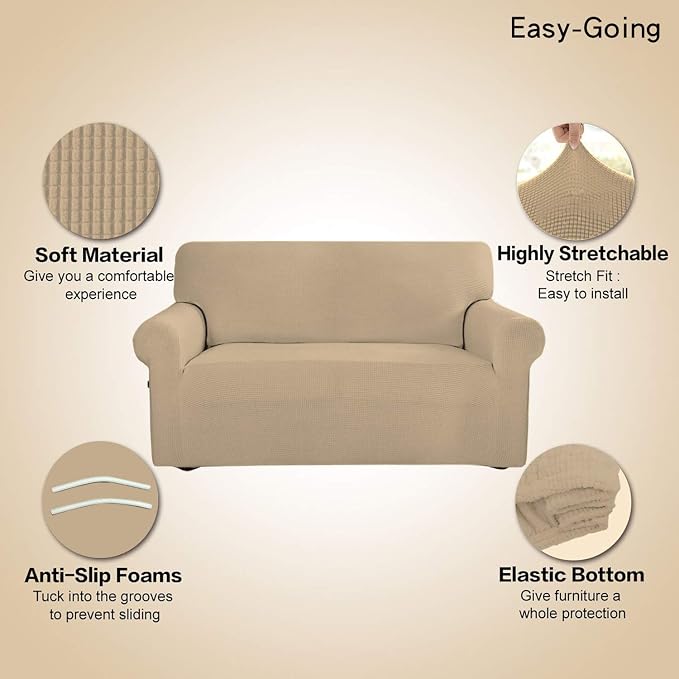 Easy-Going Stretch Sofa Slipcover 1-Piece Sofa Cover Furniture Protector Couch Soft with Elastic Bottom for Kids, Polyester Spandex Jacquard Fabric Small Checks (Sofa, Sand)