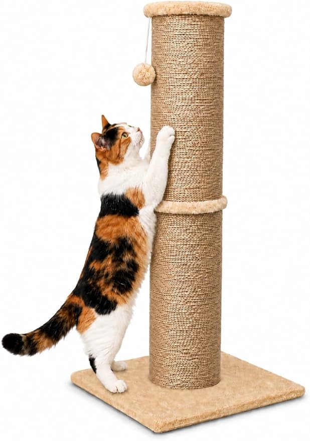 PAWSCRAT Cat Scratching Post 32 Inch High, 5.5 Inch Large Diameter Natural Sisal Cat Scratch Post, Scratch-Resistant and Durable Tall Cat Scratcher for Indoor Cats, Protect Your Furniture, Yellow