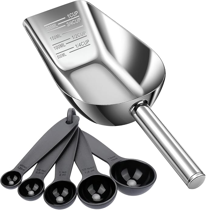 AIERSA Pet Food Scoop & Measuring Cup for Dogs & Cats, Stainless Steel Dog Scoop1 ¾ / ½ / ¼ Cup with Multi-Unit Markings for Precision Feeding, Easy-Clean Metal Food Storage