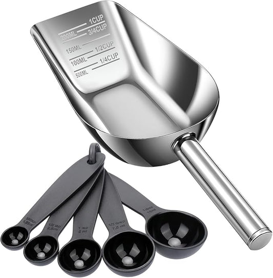 AIERSA Pet Food Scoop & Measuring Cup for Dogs & Cats, Stainless Steel Dog Scoop1 ¾ / ½ / ¼ Cup with Multi-Unit Markings for Precision Feeding, Easy-Clean Metal Food Storage