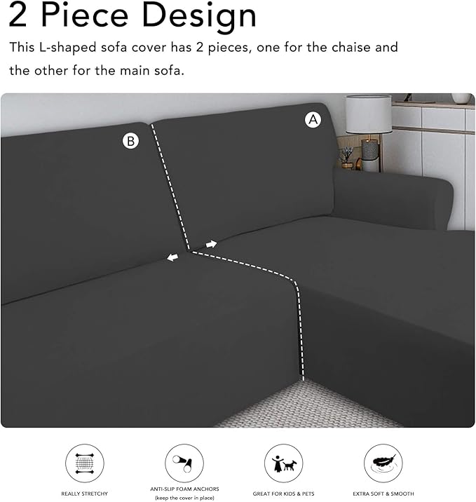 PureFit Super Stretch Sectional Couch Covers - 2 pcs Spandex Non Slip, with Elastic Bottom for L Shape Sectional Sofa Couches, Great for Kids & Pets (3 Seat Sofa + 3 Seat Chaise, Dark Gray)