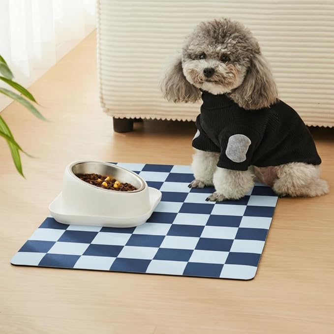 Checkered Dog Feeding Mat, Absorbent Mats for Dog Food and Water Bowl, Dispenser, Retro Aesthetic Navy Blue Checkerboard Pet Placemat for Dogs, Cats, Puppy Accessories, 24" X 16”