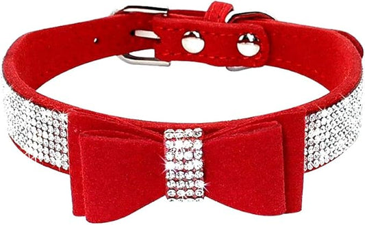 Rhinestone Dog Collar, Cute Dazzling Sparkling Soft Suede Leather Dog Cat Rhinestone Collar Crystal Diamond Pet Dog Puppy Collar (M, Red-1)