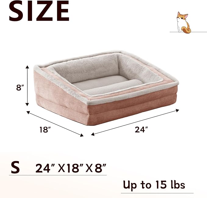 Laojin Balhen Cat Couch for Pets, Washable Cat Beds for Indoor Cats, Super Soft Plush Supportive Dog Couch Bed for Puppy and Kitten with Anti-Slip Bottom, 24inch, Pink
