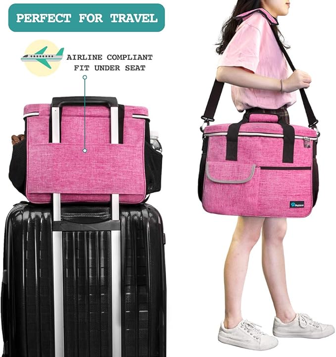 PetAmi Dog Travel Bag Organizer, Pet Travel Kit with 2 Food Containers & 2 Collapsible Dog Bowls, Pet Supplies Tote with Luggage Sleeve, Weekend Road Trip Camping Essentials, Pink, Medium