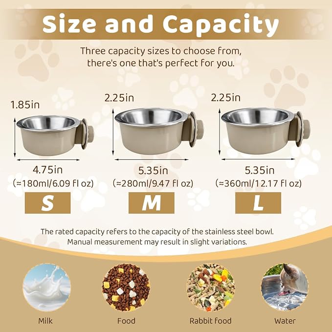 2Pcs Pets Lightweight Stainless Steel Bowl,Removable Stainless Steel Pet Hanging Food Water Feeder Bowl for Puppy Dog Cat Rabbit Ferret Bird Gunea Pigs (Medium)