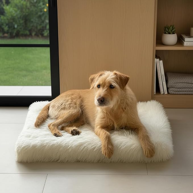 iHappyDog Faux Fur Orthopedic Dog Bed, Memory Foam Rectangular Crate Bed for Large XL Dogs, Plush Furry Bed That Looks Like a Rug, Calming Bed for Senior Dogs, Washable Cover - White, Medium 35" x 23"