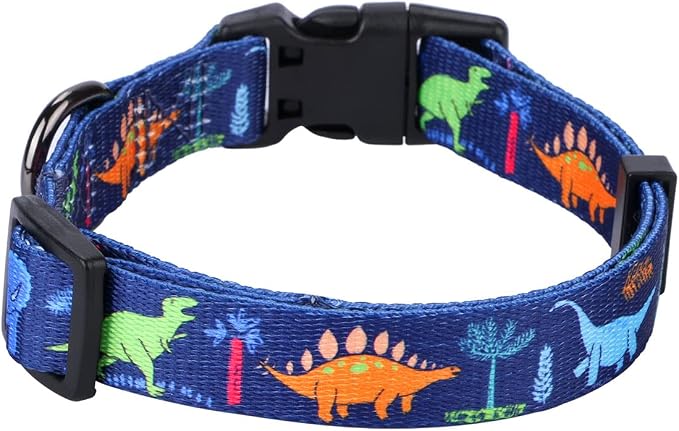 Dog Collar Special Design Personalized Cute Girl boy Soft Collars with Sunflower, Camo, American Flag, Plaid (S(Neck 11"-15.7", Width 5/8"), Cartoon Dinosaurs)