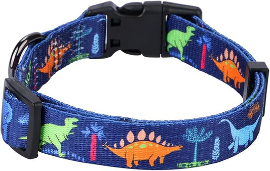 Dog Collar Special Design Personalized Cute Girl boy Soft Collars with Sunflower, Camo, American Flag, Plaid (S(Neck 11"-15.7", Width 5/8"), Cartoon Dinosaurs)