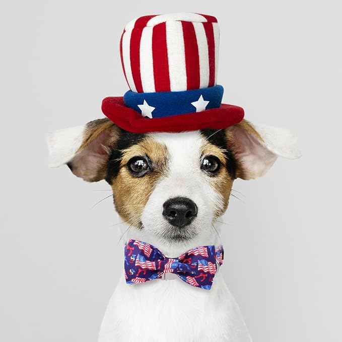 Maca Bates American Flag 4th of July Dog Collar with Bow Tie for Dogs Bowtie 4 of 7 Flags Blue Adjustable Durable Patriotic Collars USA Independence Day Gift for Small Medium Large XL Boy Girl Puppy