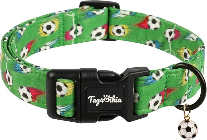 Soccer Dog Collar, Cute Green Puppy Collars with Adjustable Buckle, Soft Cotton Pet Collar for Small Medium Large Dogs, Girl or Boy Dog for Gifts & Daily Use-S