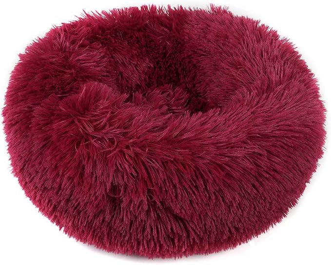 otoez Kitten Puppy Bed Small Round Dog Cat Beds Anti Anxiety Plush Pet Calming Donut Bed with Non-Slip Waterproof Bottom, Washable (19.7", Dark Red)