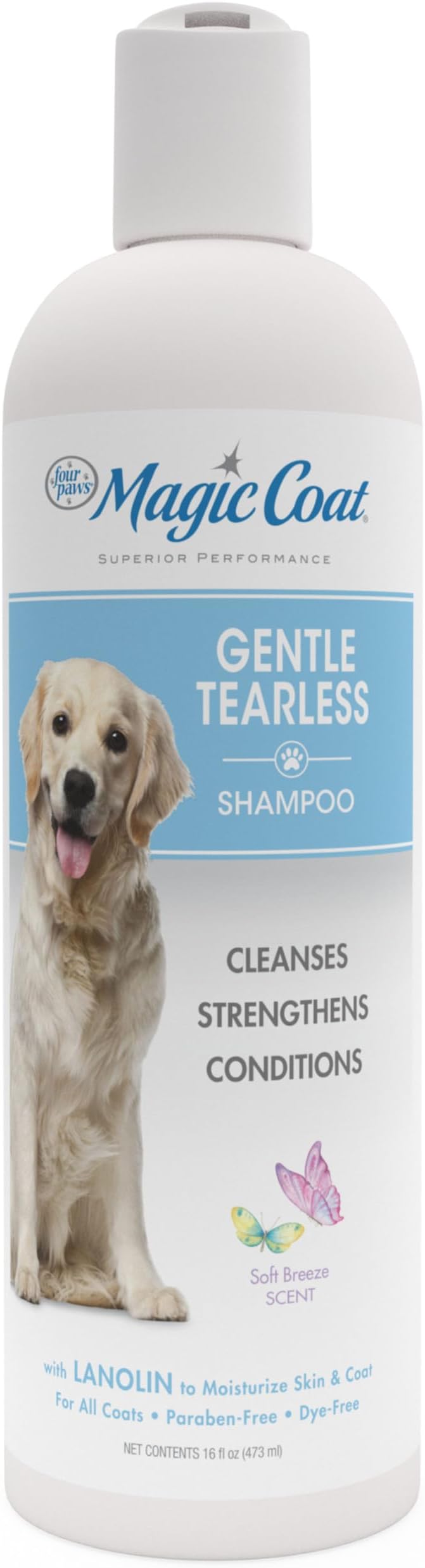 Four Paws Magic Coat Gentle Tearless Shampoo for Dogs with Moisturizing Lanolin for Itchy Dry Skin, Dog Grooming, Soft Breeze Scent, 16 Ounce
