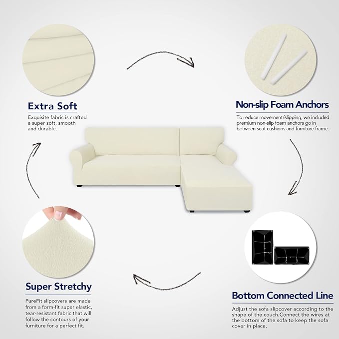 PureFit Super Stretch Sectional Couch Covers, polyester & spandex, Non Slip - 2 pcs Covers with Elastic Bottom for L Shape Sofa, Great for Kids & Pets (3 Seat Sofa + 3 Seat Chaise, Ivory)