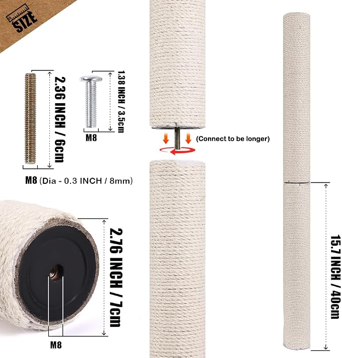 OSPNIEEK 4 Pack 15.7" M8 Cat Scratching Post Replacement, Natural Sisal Rope Kitten Tree Scratcher Refill with Screws, DIY Hemp Scratch Pole Parts for Indoor Cats Tower Refurbishment Accessories