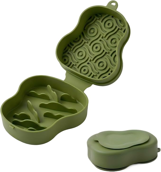 Collapsible Dog Travel Bowl with Lid, Portable Slow Feeder & Lick Mat Combo, Mess-Free Clamshell Silicone Water Dish for Hiking (Green)