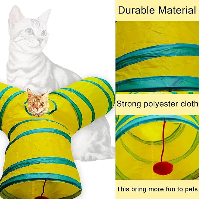 Cat Tunnel Tube Toys，Tunnels for Indoor Cats, Collapsible Interactive Toy with Balls for Rabbits, Kittens, Ferrets, Puppy (3 Way Yellow Green)