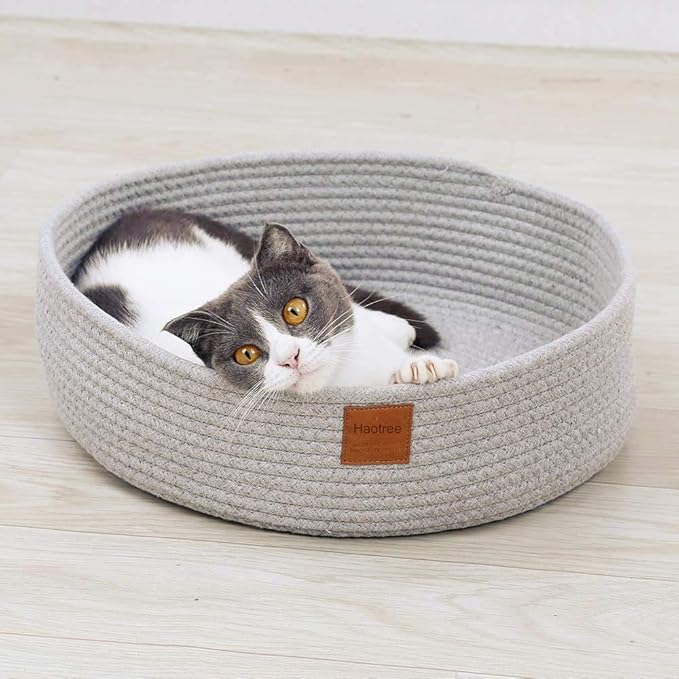 Large Cat Bed Basket Round Cotton Rope Woven - Calming Rope Bed Sleep Surface 17.7 inches(45 cm),Cozy Scratching Indoor Pet Bed for a Large Cat or 2 Small Cats,Fit up to 20 lbs Pets,Washable,Grey