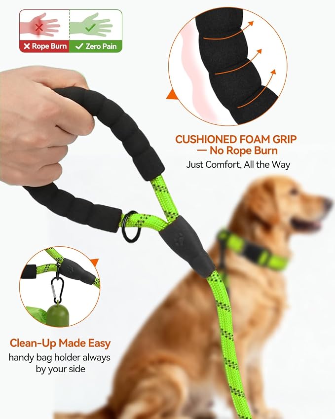 Joytale Dog Leash for Large Dogs, Heavy Duty Nylon Leashes with Comfortable Padded Handle and Highly Reflective Threads, Ideal for Walking and Training, Green, 6'×1/2''