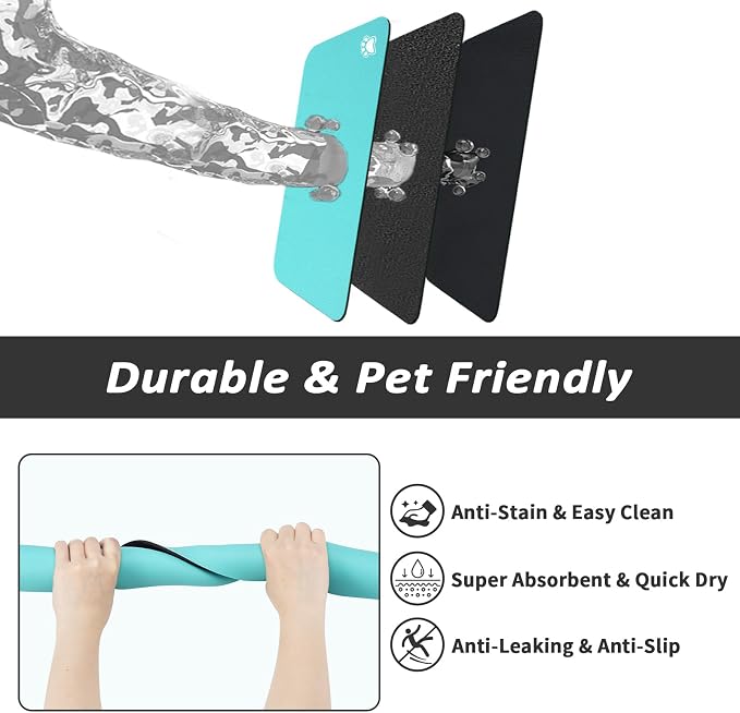 HotLive Dog Food Mat - Absorbent Cat Mat for Food and Water, No Stains Pet Feeding Bowl Mat, Easy to Clean Pet Placemats, Quick Dry Dog Water Dispenser Mat for Messy Drinkers | Paw Teal 12"x 19"