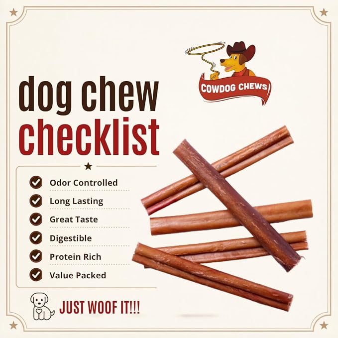 Cowdog Chews Beef Bully Stick: Odor-Free, Fully Digestible Beef Collagen Chews (5-7", 10 Count) - Natural, Grain-Free, Long-Lasting Collagen Bully Stick Substitute for All Dog Breeds