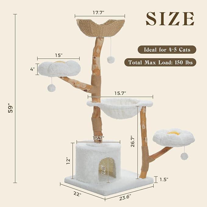 MUTTROS 59" Modern Cat Tree Tower for Large Cats w/2 Flower Perches-Natural Solid Wood Scratching Post with Real Branch-Luxury Boho Cat Furniture w/Condo & Wicker Basket Bed, Cloud White