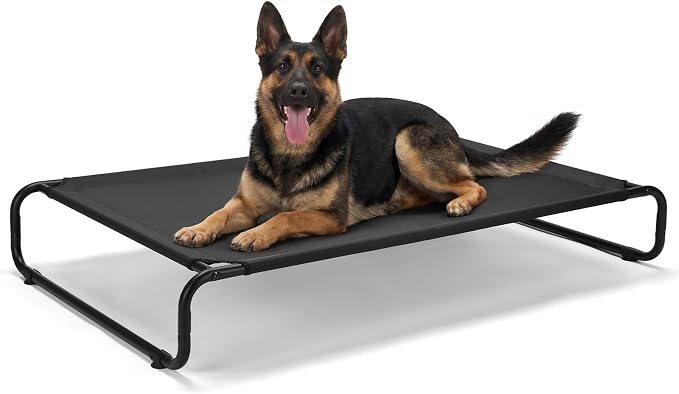 Veehoo Cooling Elevated Dog Bed, Outdoor Dog Bed for Large Dogs, Raised Dog Cot with Thickened Frame, Durable Teslin Mesh & Anti-Slip Rubber Feet, Pet Hammock for Indoor or Camping, 53" x 33", Black