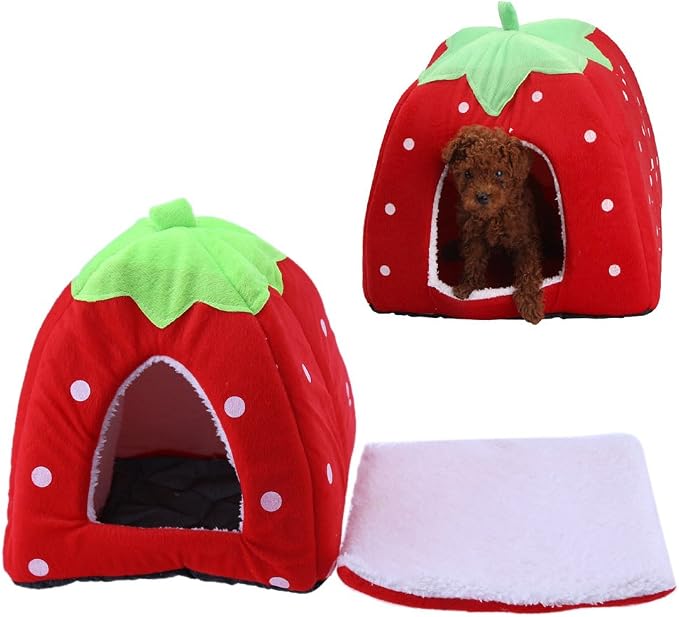 Strawberry Plush Pets House Washable Pets Cave Sofa Half-Closed Fluffy Dogs Room Soft Puppy House for Winter Indoor