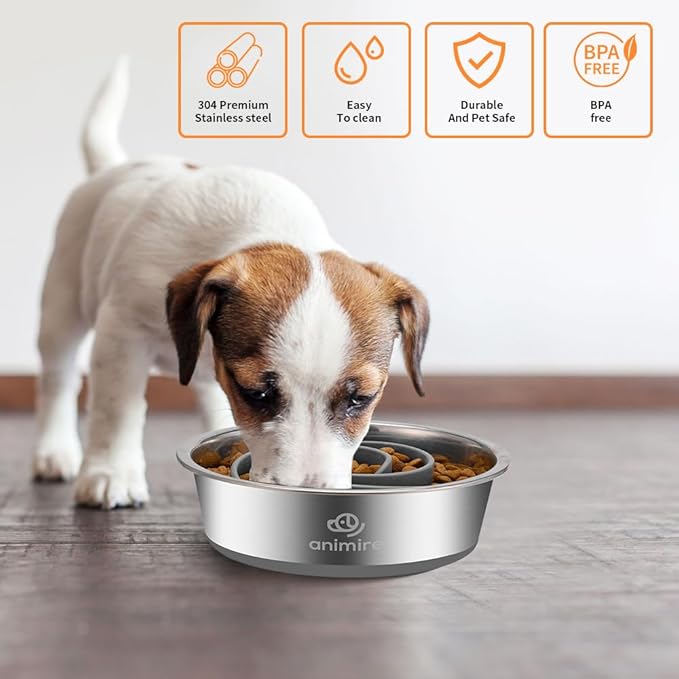 2-in-1 Metal Dog Bowl with Slow Feeder Insert, Stainless Steel Dog Bowls Food Grade 304, Water Food Bowl with Anti-Slip Silicone Base for Small, Medium, Large Dogs