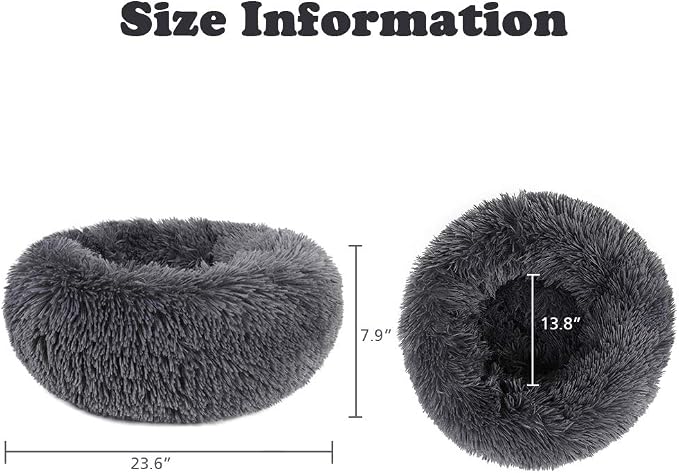 otoez Round Donut Dog Bed for Small Dogs, Washable Cat Calming Bed Cuddler Anti Anxiety Fluffy Plush Dog Cat Bed with Non-Slip Waterproof Bottom (23.6", Dark Grey)