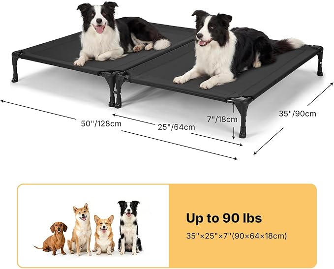 Veehoo Cooling Elevated Dog Bed, Raised Dog Bed for Two Dogs, Indoor Outdoor Pet Cot with Breathable Teslin Mesh & Anti-Slip Rubber Feet, Durable Double Dog Bed for Multi-Pet Homes, 35" x 25", Black