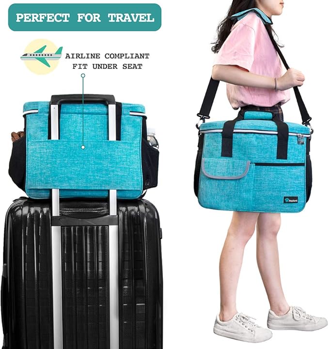 PetAmi Dog Travel Bag Organizer, Pet Travel Kit with 2 Food Containers & 2 Collapsible Dog Bowls, Pet Supplies Tote with Luggage Sleeve, Weekend Road Trip Camping Essentials, Teal Blue, Medium