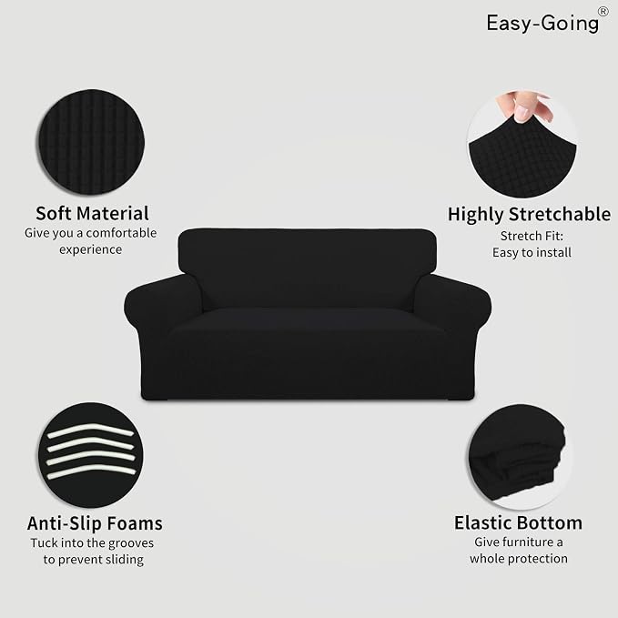 Easy-Going Stretch Oversized Loveseat Slipcover 1-Piece Sofa Cover Furniture Protector Couch Soft with Elastic Bottom for Kids Polyester Spandex Jacquard Fabric Small Checks Black