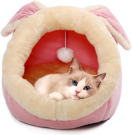 Cat Beds for Indoor Cats - Rabbit-Shaped Cat Cave Bed with Hanging Toy,Super Soft Calming Pet Bed for Kitten&Puppy,Small Dog,Warm Plush&Machine Washable&Removable Cotton Pad,Cat Hideaway