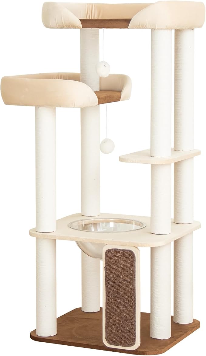 53'' Cat Tree for Large Cat, Modern Senior Friendly Cat Tower with Wide Shelves Low Step, Cotton Scratching Posts, Super Sturdy Base, Cozy Perches, and Interactive Toys (White)