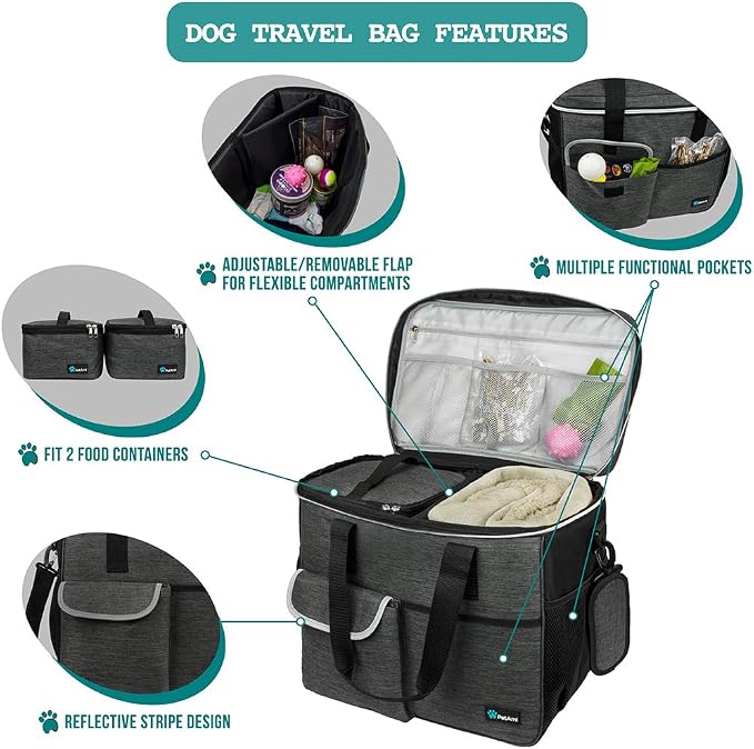 PetAmi Dog Travel Bag Organizer, Pet Travel Kit with 2 Food Containers & 2 Collapsible Dog Bowls, Pet Supplies Tote with Luggage Sleeve, Weekend Road Trip Camping Essentials, Dark Gray, Large