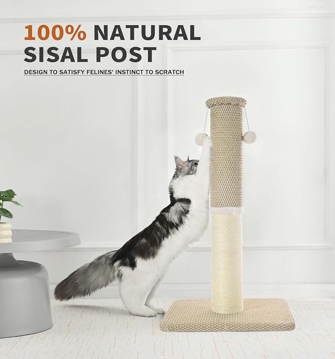 Made4Pets Tall Cat Scratching Post, Heavy Duty and Thicker Scratching Posts for Indoor Cats Adults, 23.6" Natural Sisal Cat Scratcher with Hanging Balls, Sturdy Base Cat Scratch Post, Beige