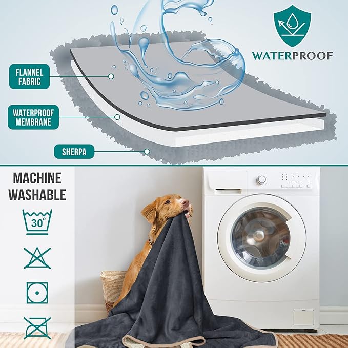 PetAmi Premium Waterproof Dog Blanket for Large Dogs, Reversible Sherpa & Flannel Fleece, Leakproof Pet Throw for Couch Protection, Soft Plush Furniture Protector for Cats, Washable, 60x80 Grey/Beige