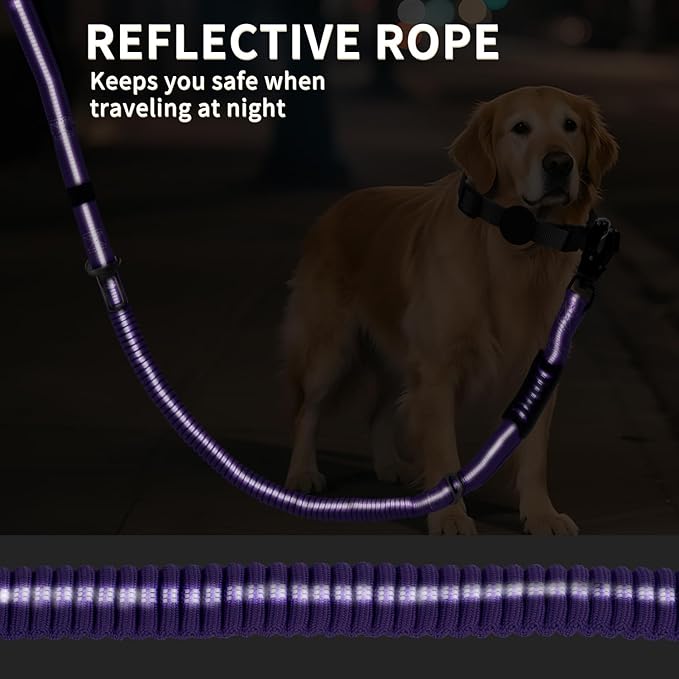 Heavy Duty Tactical Dog Leash, 4-6FT Shock Absorbing Bungee Lead with 2 Padded Handles, Metal Carabiner & Seatbelt Clip, Reflective No-Pull Leash for Medium/Large Dogs Purple