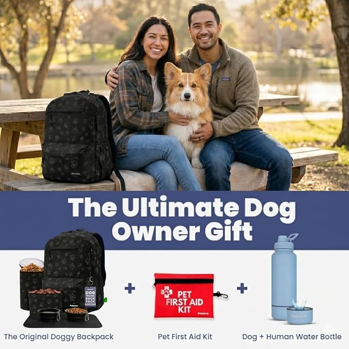Dog Travel Bag for Supplies - Complete Dog Diaper Bag Backpack with 2 BPA-Free Travel Bowls, Treat Pouch, Food Container, Placemat & Laptop Sleeve – for Traveling, Road Trips, Hiking: Black-Paw Print