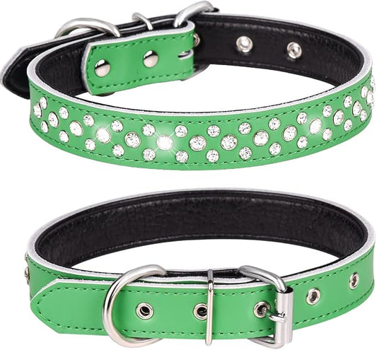 Rhinestone Dog Collar, Adjustable Cute Dazzling Sparkling Soft Leather Dog Collar Crystal Diamond Pet Dog Puppy Collar (L, Green)