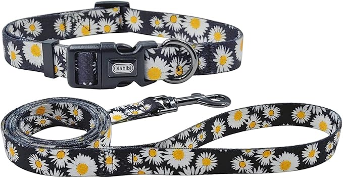 Dog Collar and Leash Set, Cute Daisy Pattern, Polyester Material, 5ft Leash, for Puppy Dogs.(Extra Small,Black Daisy)