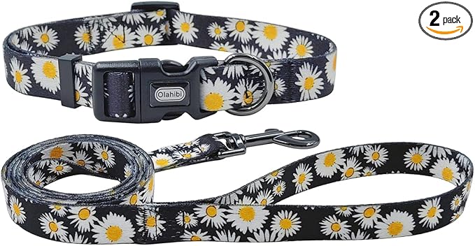Dog Collar and Leash Set, Cute Daisy Pattern, Polyester Material, 5ft Leash, for Large Dogs.(Large,Black Daisy)