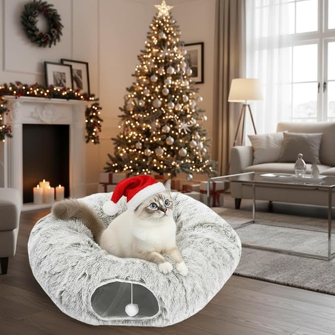 AUOON Cat Tunnel Bed for Indoor Cats - Large Cat Donut Tunnel with Hanging Ball Toy, Collapsible 2-in-1 Multifunctional Interactive Cat Toy for Kitten, Puppy, Rabbit, Ferret (Khaki)