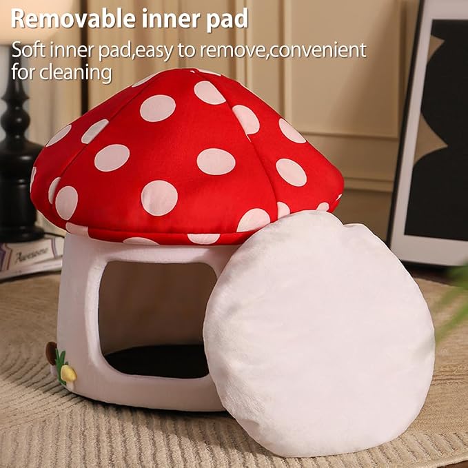 Cute Cat Bed Cave for Indoor Highland Mushroom Shaped Pet Plush House Self-Warming Nest Small Dogs Rabbits with Removable Cushion for Puppy Bed with Hanging Toy (Red Mushroom)